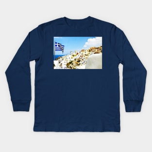 Oia Santorini Greek Island Flag Kids Long Sleeve T-Shirt